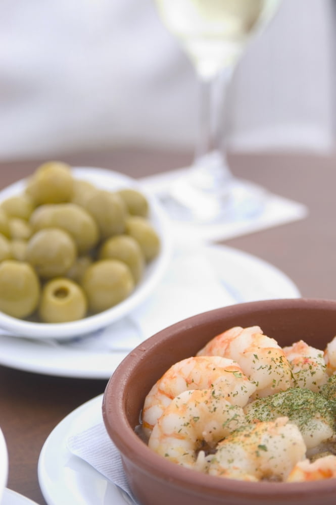 Spain Tapas (olives and prawns) with glass of wine Barcelona Canvas Art - Ian Cumming Design Pics (24 x 38)
