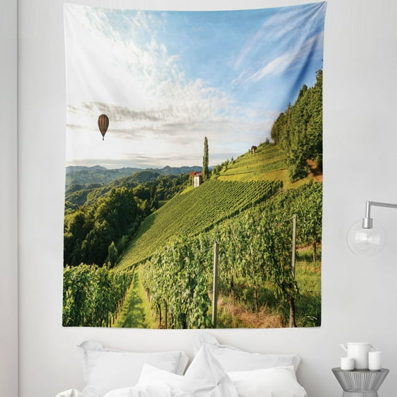 Spain Tapestry, Vineyards Panorama Harvest Time Tuscany Valley and Hot Air Balloon Photo, Fabric Wall Hanging Decor for Bedroom Living Room Dorm, 5 Sizes, Olive Green Pale Blue, by Ambesonne