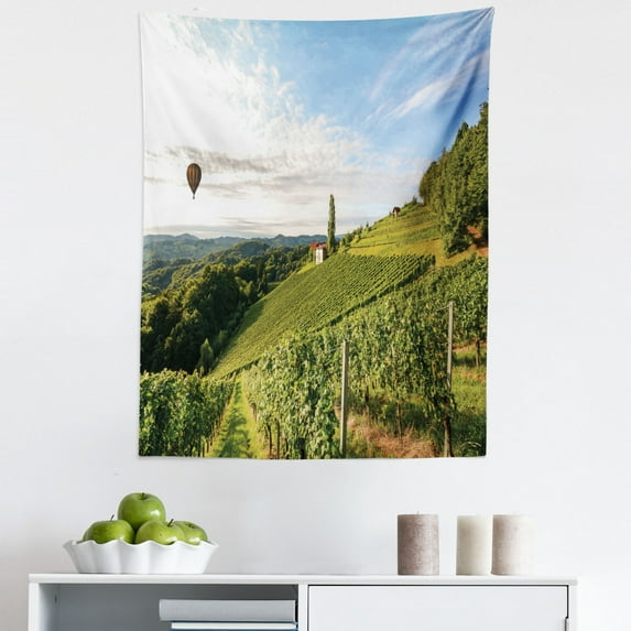 Spain Tapestry, Vineyards Panorama Harvest Time Tuscany Valley and Hot Air Balloon Photo, Fabric Wall Hanging Decor for Bedroom Living Room Dorm, 5 Sizes, Olive Green Pale Blue, by Ambesonne
