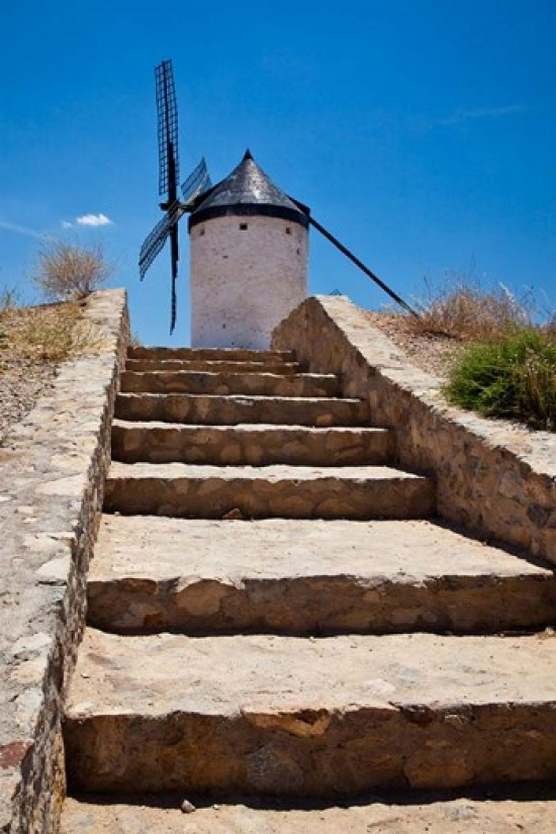 Spain Toledo Province Consuegra Stairway to a La Mancha windmill Canvas Art - Julie Eggers DanitaDelimont (18 x 24)