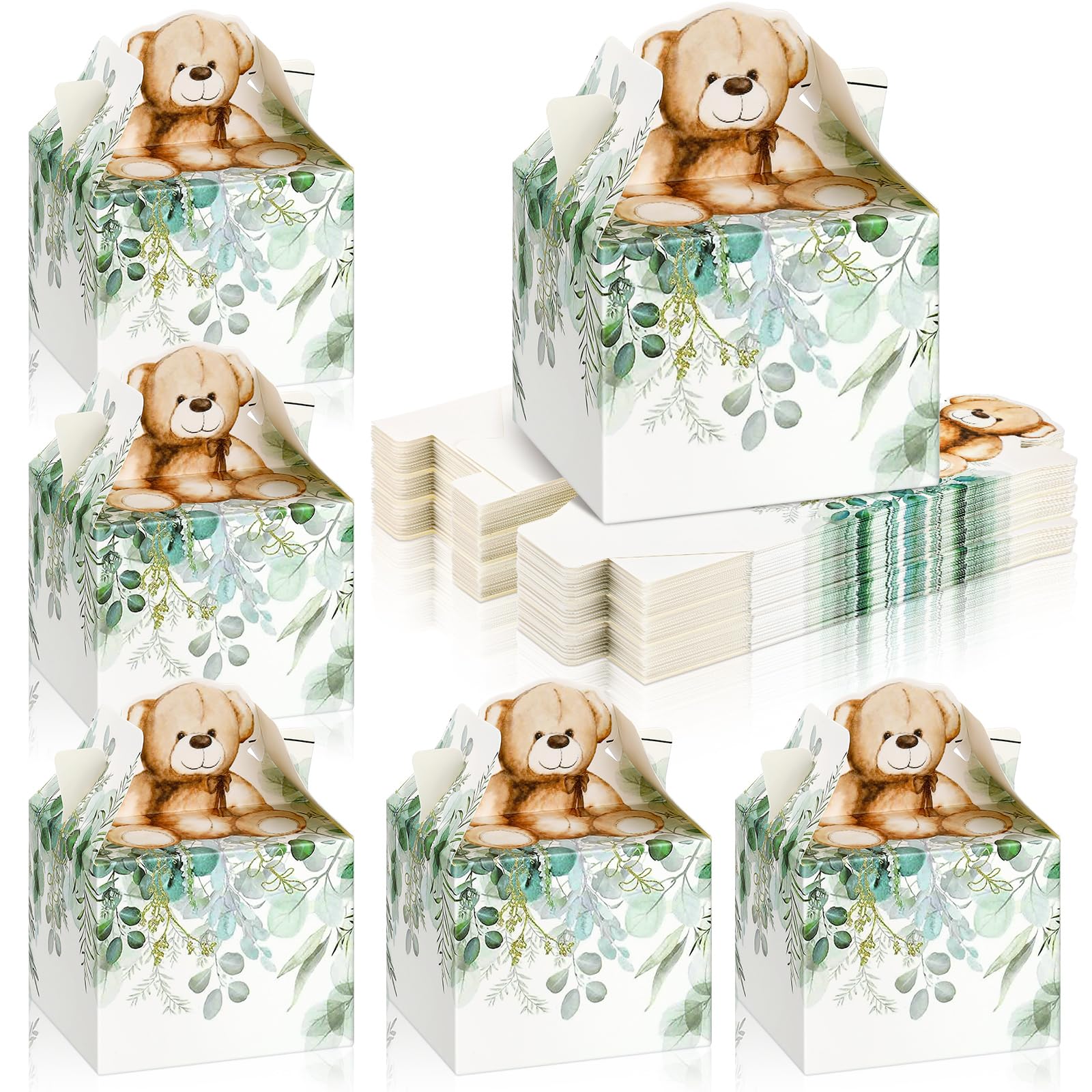Spakon 50 Pack Bear Baby Shower Favor Boxes - 3.5x3.5x2.75 Inch, Cute Party Treat Boxes For Gifts, Gender Reveal, Birthday Favors (Green)