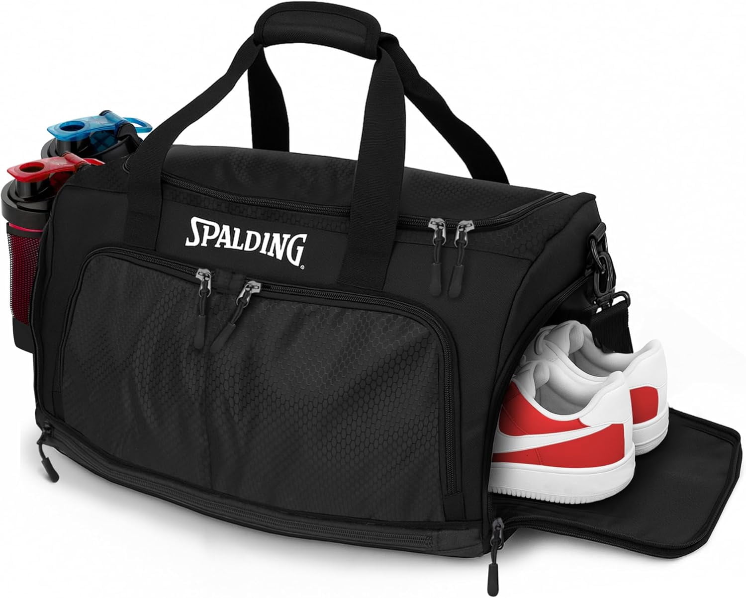 Spalding 55L Gym Duffle Bag with Shoe & Wet Compartment – Waterproof Sports Travel Bag for Men & Women, Black, 24 x 12 x 14 in