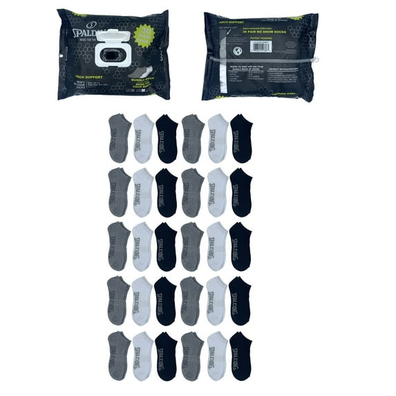 Spalding, Adult Men's 30-Pack No-Show Socks, Sizes 6.5-12, Mens Socks