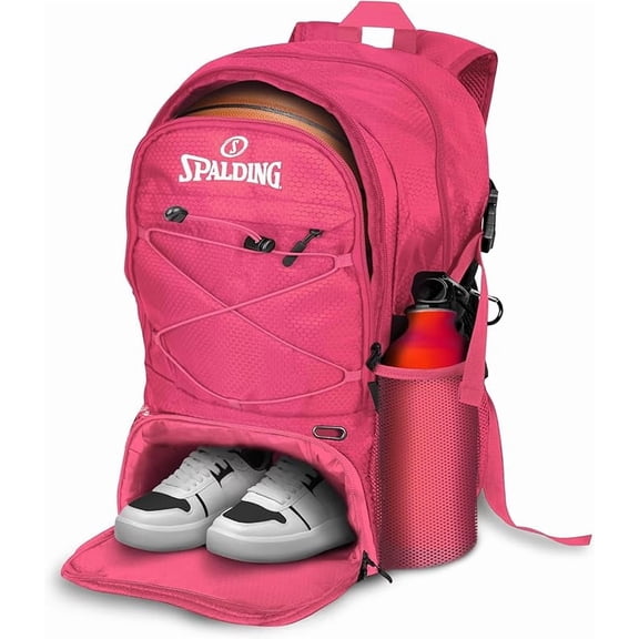 Spalding Basketball Backpack 30L Sports Bag with Ball & Shoe Compartment, Waterproof Polyester Gym Daypack, Pink