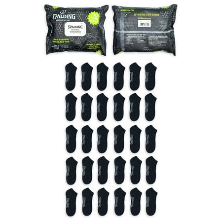 Spalding Men's Black No-Show Socks, 30-Pack, Sizes 6.5-12