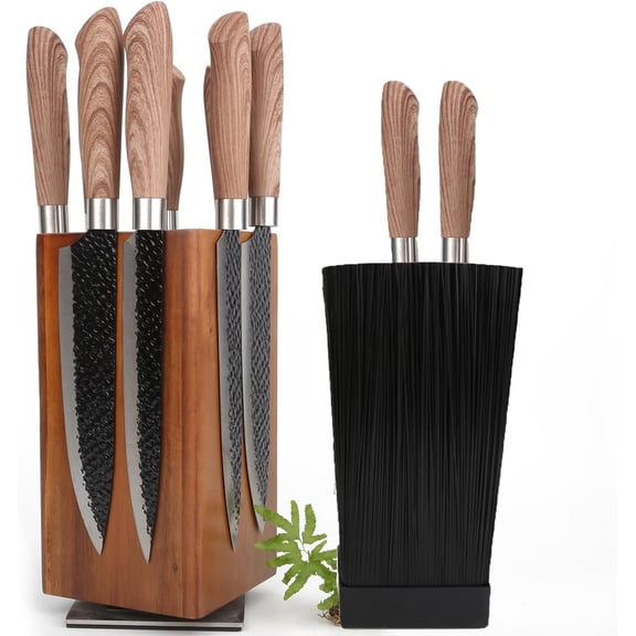 Spalivivre 360 Rotating Magnetic Knife Block without Knivies, Acacia Wood Knife Holder with Removable Bristles, Large Capacity Knife Storage Organizer for Kitchen Countertop