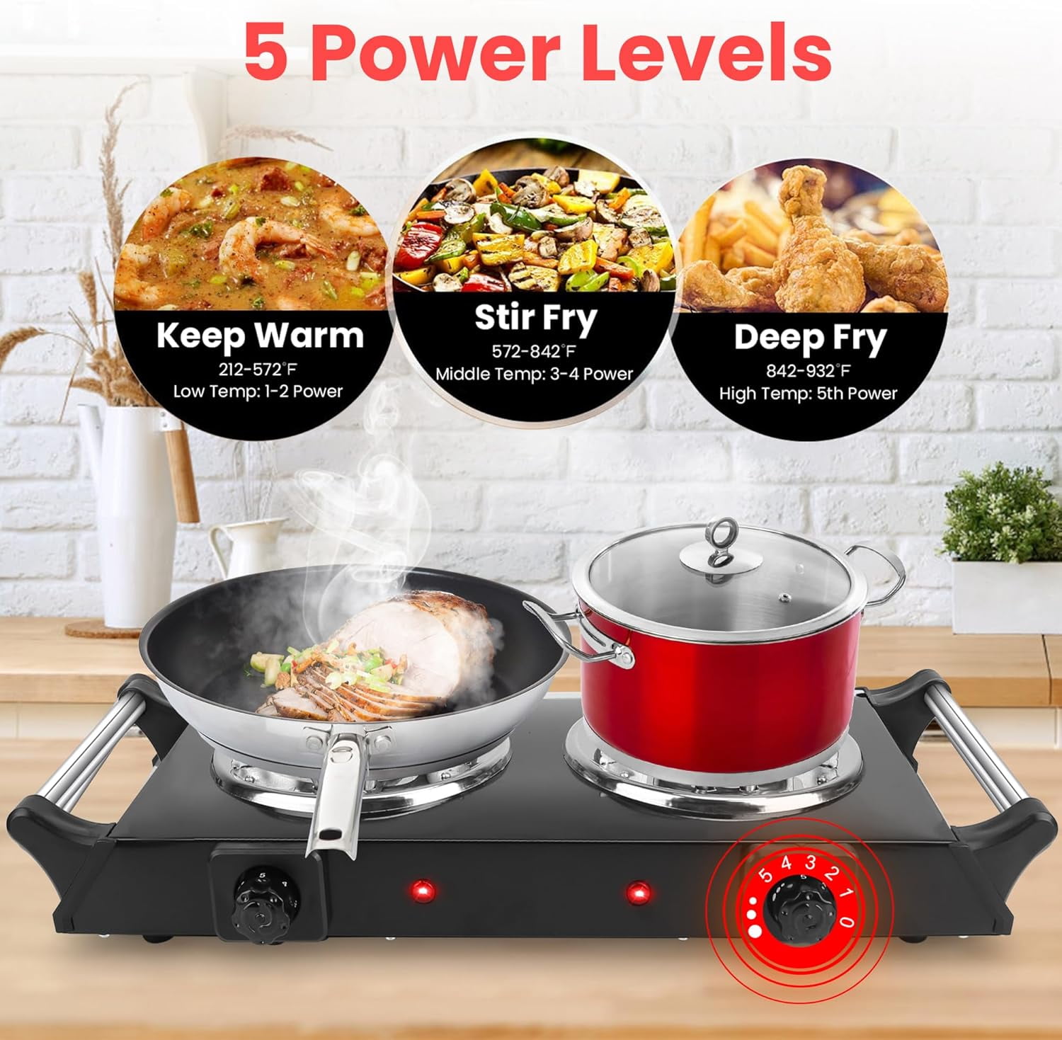 Spalivivre Hot Plate, 2000W Portable Electric Double Burner W/5 Level Temperature Control & Stay Cool Handles, Easy to Clean, Lightweight Cast Iron Electric Stove for Kitchen Camping Cooking, 110V