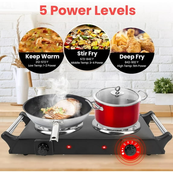 Spalivivre Hot Plate, 2000W Portable Electric Double Burner W/5 Level Temperature Control & Stay Cool Handles, Easy to Clean, Lightweight Cast Iron Electric Stove for Kitchen Camping Cooking, 110V