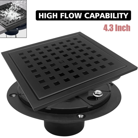 Spalivivre Shower Drain, Matte Black 4 inch Square Shower Floor Drain with Flange, Removeable Grid Panel SUS 304 Stainless Steel Square Shower Drain