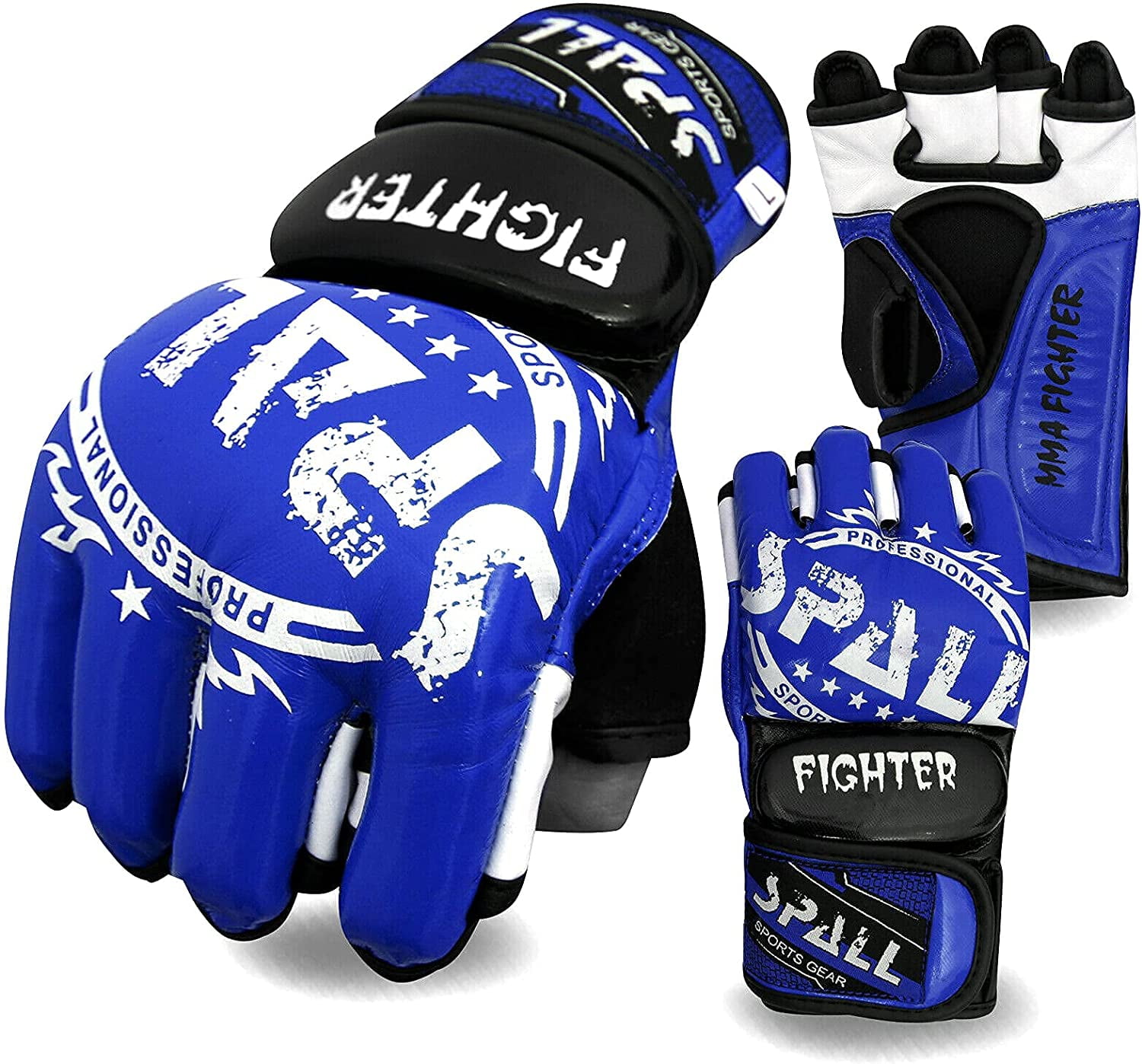 Finger for and Martial Grappling Pro - Gloves Gloves, Band UFC, Half for Adjustable MMA Spall Large) Arts Gloves (Blue, Training Unisex Wrist Gloves Boxing Boxing
