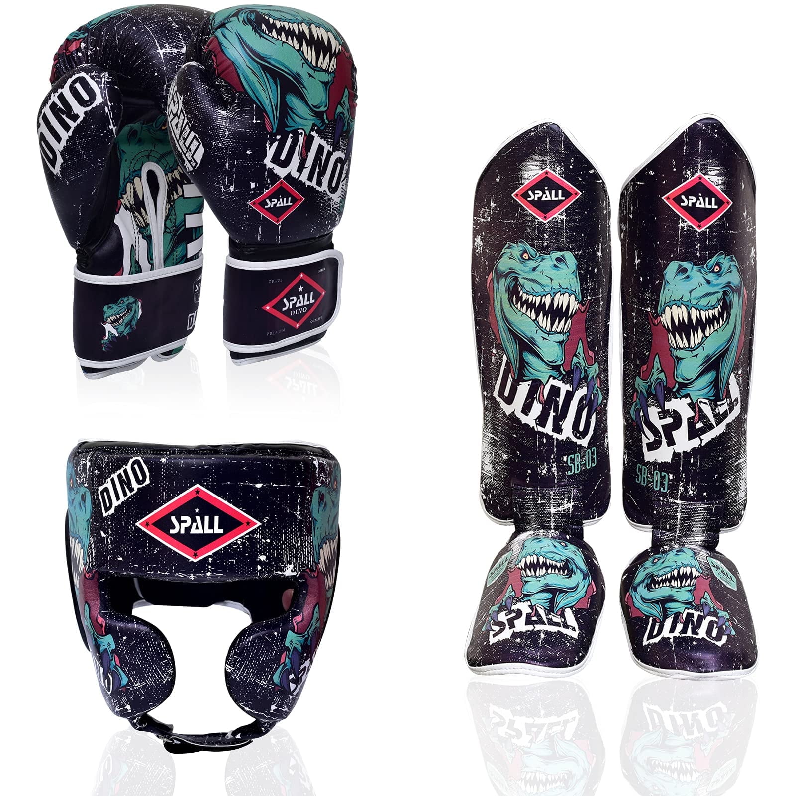 Spall Pro US Boxing Set for Kids and Adults - Unleash Your Inner Champion  with Dino Style Leather Boxing Gloves with Boxing Headgear u0026 Shin Guards  (Large 