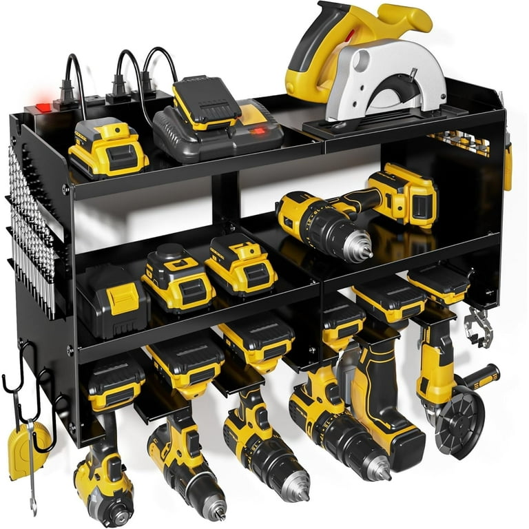 Spampur Power Tool Organizer Wall Mount with Charging Station, Garage Tool Shelf 6 Drill Holders, Tool Battery Holder with Screwdriver Heavy Duty
