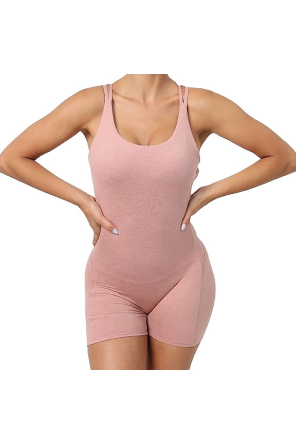 Spandex Bodysuit Romper for Women Shorts Workout Yoga Fitness Outfit Criss Cross Backless Sleeveless Jumpsuits (Large, Khaki)