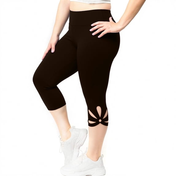 Spandex Capri Leggings Womens Plus Size S-5X Flower Hollow-Out Stretch High Waist Yoga Workout Jeggings Pant (3X-Large, Brown)