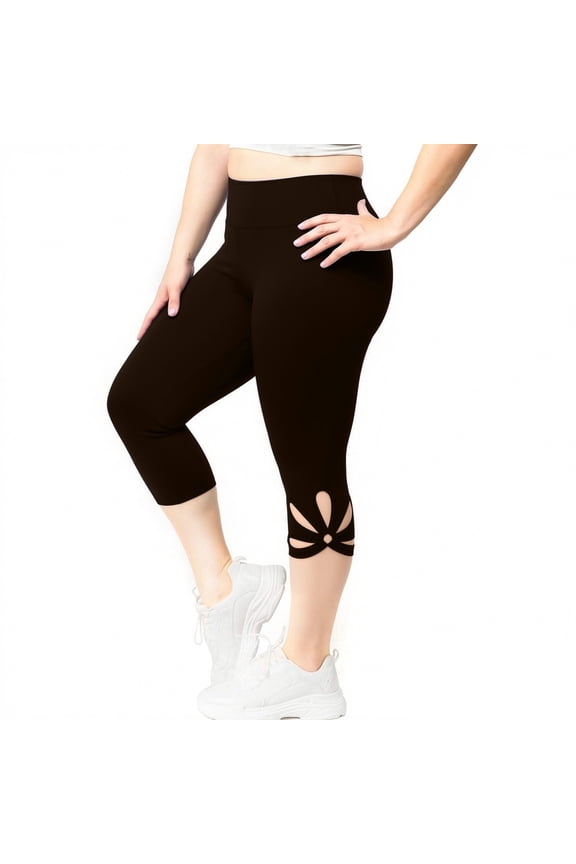 Spandex Capri Leggings Womens Plus Size S-5X Flower Hollow-Out Stretch High Waist Yoga Workout Jeggings Pant (3X-Large, Brown)