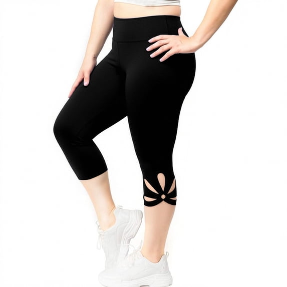 Spandex Capri Leggings Womens Plus Size S-5X Flower Hollow-Out Stretch High Waist Yoga Workout Jeggings Pant(M, Black)