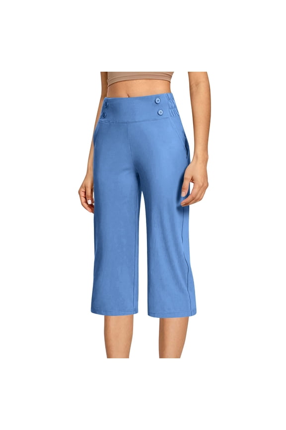 Spandex Capri Pants for Women 18'' Dressy Casual High Waist Stretch Golf Capris with Pockets Work Summer Casual (L, Blue)