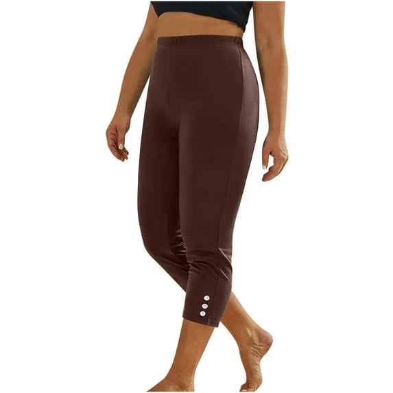 Spandex Capris Women Elastic High Waist Soft Capri Leggings with Buttons Decor Summer Yoga Gym Cropped Pants (2XL, Brown)
