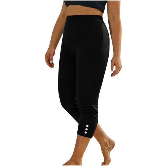 Spandex Capris Women Elastic High Waist Soft Capri Leggings with Buttons Decor Summer Yoga Gym Cropped Pants (M, Black)