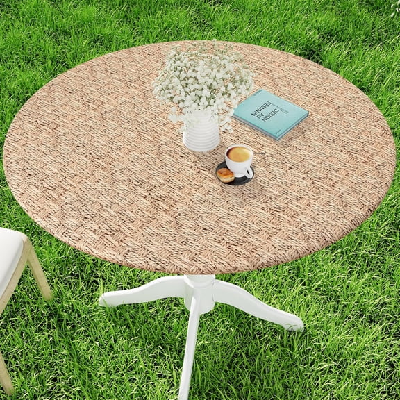Spandex Elastic Fitted Round Tablecloth for 57"-68" Tables, Stretch Washable Reusable Table Cover for Outdoor Picnic, Camping, Dining, Kitchen, Patio and Party, Weave