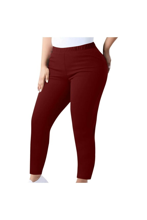 Spandex Plus Size Leggings Womens Elastic High Waisted Stretch Jeggings Yoga Workout Long Pants Solid Color (XL, Wine)