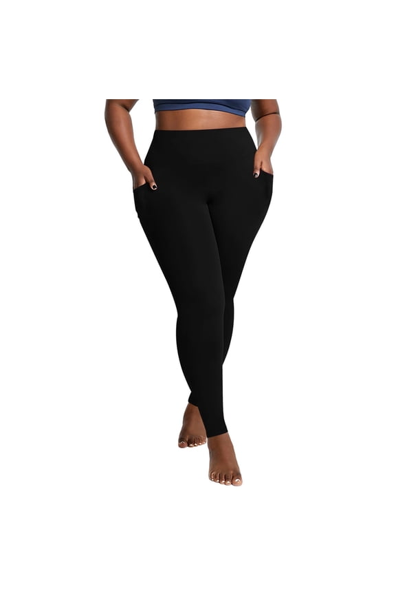 Spandex Plus Size Leggings for Curvy Women XL-5XL High Waist Stretch Yoga Pants Pockets Quick Dry Workout Tights (3XL, Black)