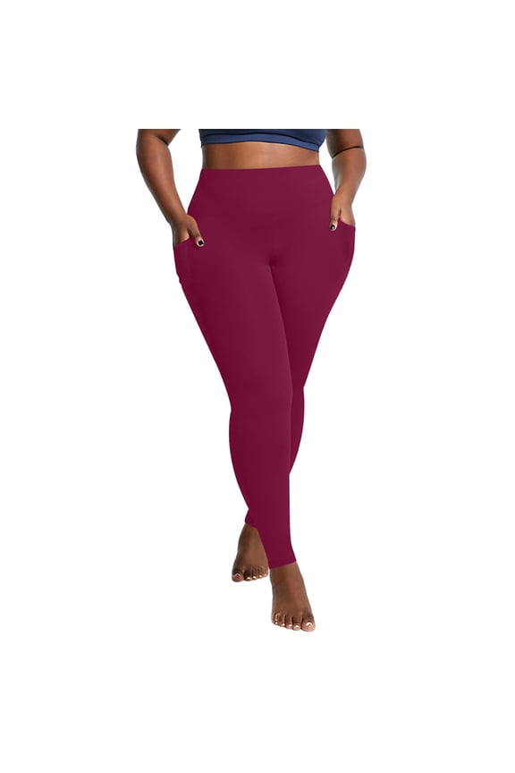Spandex Plus Size Leggings for Curvy Women XL-5XL High Waist Stretch Yoga Pants Pockets Quick Dry Workout Tights (XL, Wine)