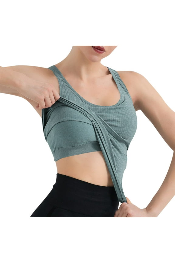 Spandex Rib Tank Top Built in Bra Women Sleeveless Racerback Padded Workout Yoga Tanks Casual Summer Clothes (Large, Green)