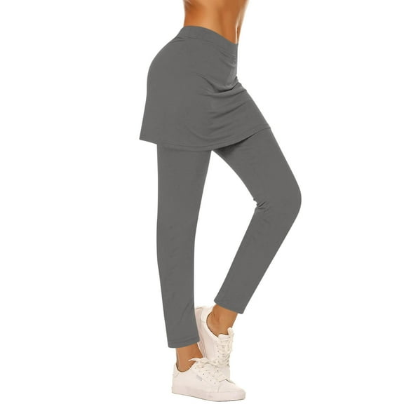 Spandex Skirted Leggings Women High Waisted Stretchy Soft Yoga Leggings with Skirts Solid Skorts Tennis Pants (L, Gray)