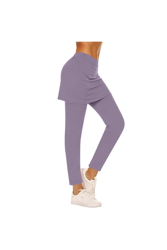 Spandex Skirted Leggings Women High Waisted Stretchy Soft Yoga Leggings with Skirts Solid Skorts Tennis Pants (L, Purple)
