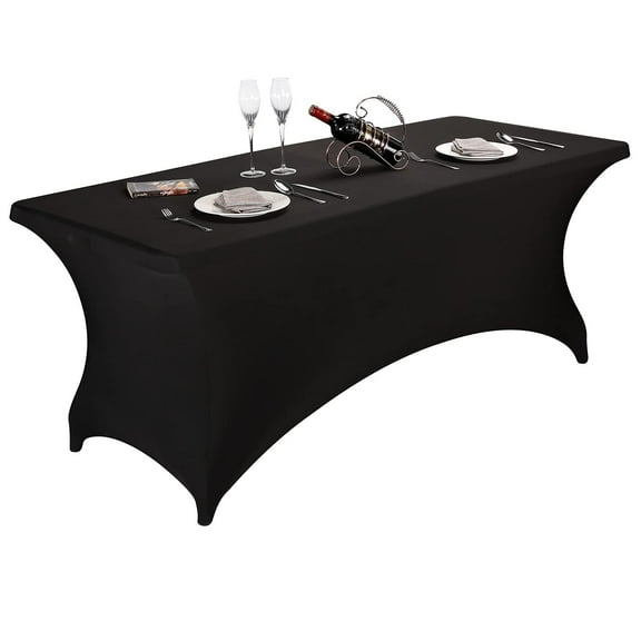 Spandex Stretch Table Cover Fitted, Rectangular Cocktail Tablecloth for 6ft 4ft 8ft Folding Tables, Wrinkle Resistant Washable for Party, Banquet, Wedding, Event, Black