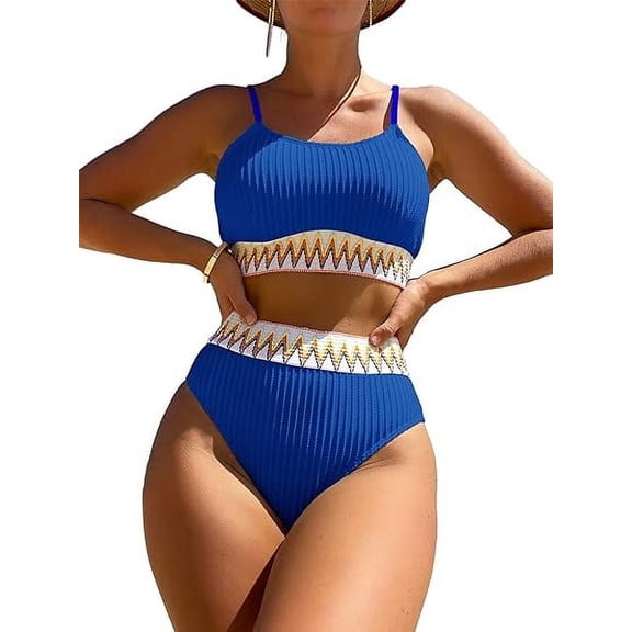 Spandex Swimsuit Set for Women, Ribbed Contrast High Waisted Tummy Control Bikini 2 Piece, Blue, L