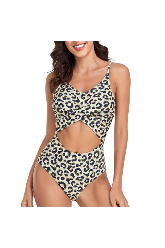 Spandex Swimsuits One Piece Women, Fashion Twist Cross Cutout Leopard Print Bathing Suit High Leg Swimwear (X-Large, Black)
