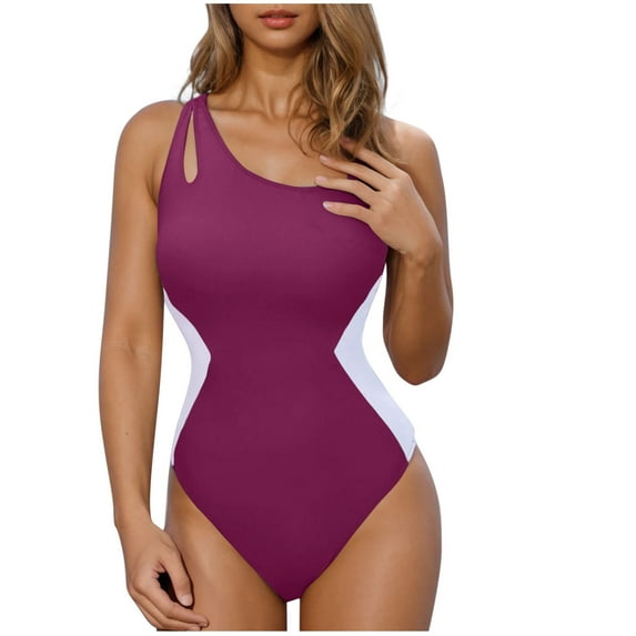 Spandex Swimsuits Women One Piece Colorblock One Shoulder Bathing Suits Tummy Control High Cut Swimwear (S, Wine)