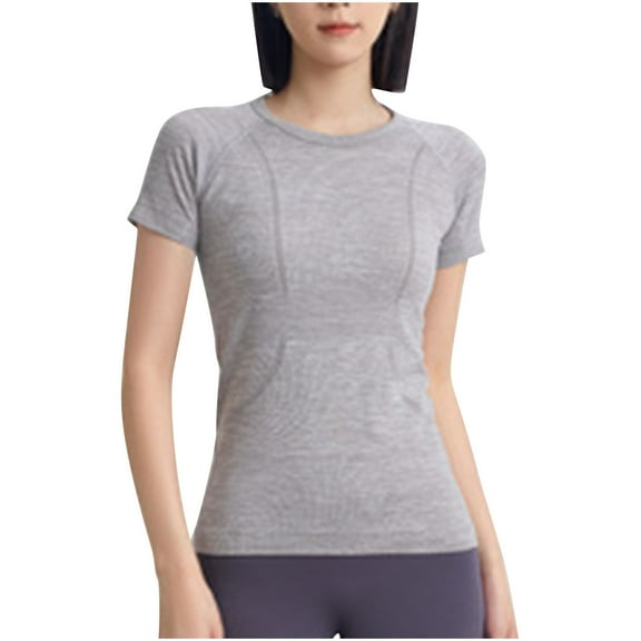 Spandex T-Shirts Womens Gym Workout Yoga Clothes Quick Dry Stretch Crew Neck Tees Slim Fitted Tops (M, Gray)