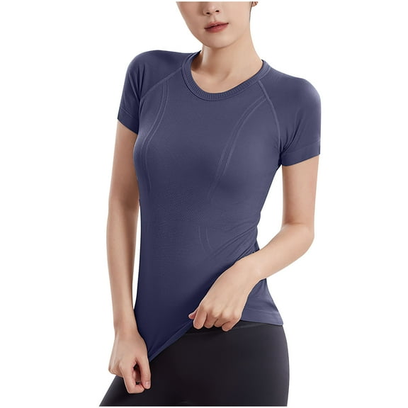 Spandex T-Shirts Womens Gym Workout Yoga Clothes Quick Dry Stretch Crew Neck Tees Slim Fitted Tops (M, Purple)