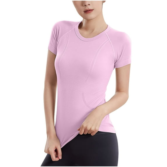 Spandex T-Shirts Womens Gym Workout Yoga Clothes Quick Dry Stretch Crew Neck Tees Slim Fitted Tops (S, Pink)