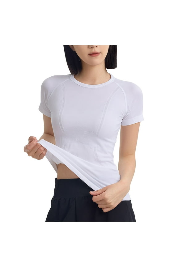 Spandex T-Shirts Womens Gym Workout Yoga Clothes Quick Dry Stretch Crew Neck Tees Slim Fitted Tops (S, White)