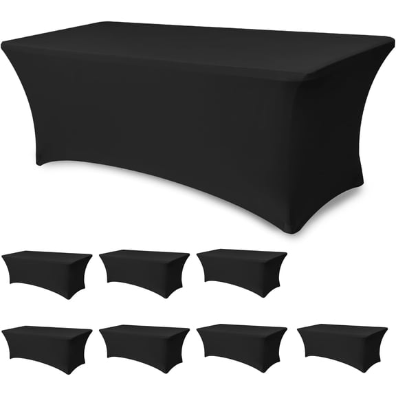 Spandex Table Cloths for 6 foot Rectangle Tables-Fitted Stretch Table Cover | 8 Pack Black Wrinkle Resistant Washable Tight Elastic Tablecloth-Event Party Banquet Weddings Display Trade Show Vendor B