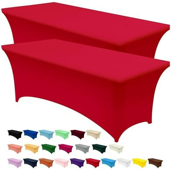 Spandex Tablecloth 2 Pack [8FT, Red] Tight, Fitted, Washable and Wrinkle Resistant Stretch Table Cloth Rectangle Cover for Trade Show, Weddings & Parties [96Lx30Wx30H Inch]