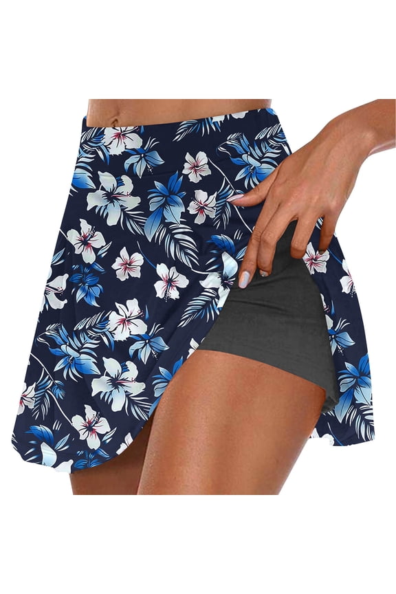 Spandex Tennis Skirts with Floral Print Womens Summer Athletic Skorts High Waist Stretch Yoga Shorts Skirt S-2XL (L, Blue)