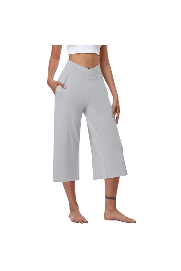 Spandex Wide Leg Capris Crossover High Waisted Stretch Yoga Capri Pants for Women 18'' with Pockets Workout Casual (2XL, Gray)