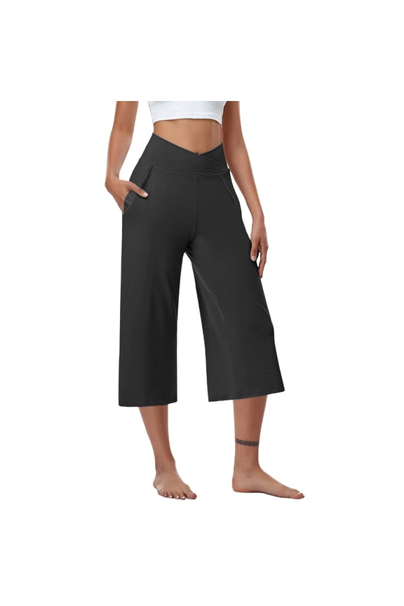 Spandex Wide Leg Capris Crossover High Waisted Stretch Yoga Capri Pants for Women 18'' with Pockets Workout Casual (3XL, Dark Gray)