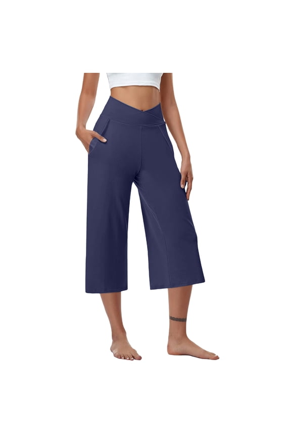 Spandex Wide Leg Capris Crossover High Waisted Stretch Yoga Capri Pants for Women 18'' with Pockets Workout Casual (3XL, Navy)