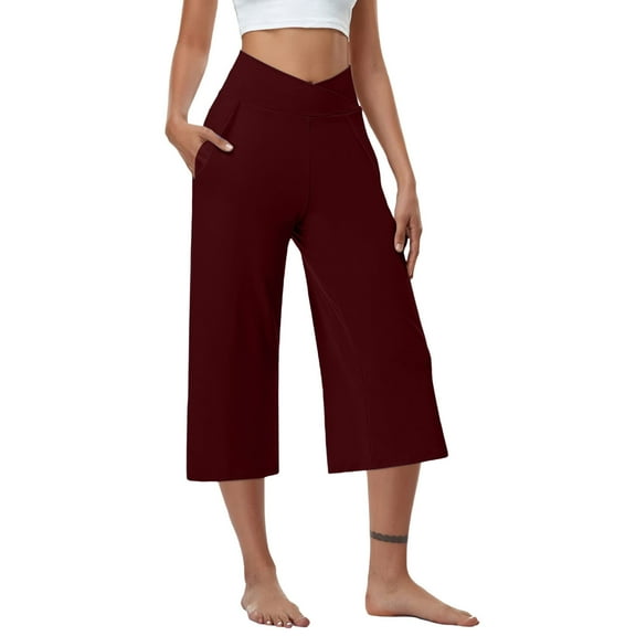 Spandex Wide Leg Capris Crossover High Waisted Stretch Yoga Capri Pants for Women 18'' with Pockets Workout Casual (XL, Wine)