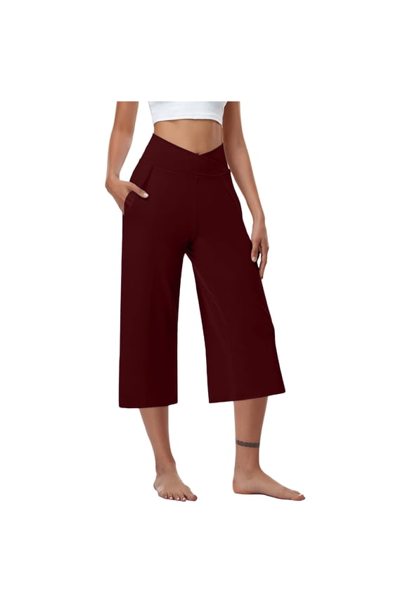 Spandex Wide Leg Capris Crossover High Waisted Stretch Yoga Capri Pants for Women 18'' with Pockets Workout Casual (XL, Wine)