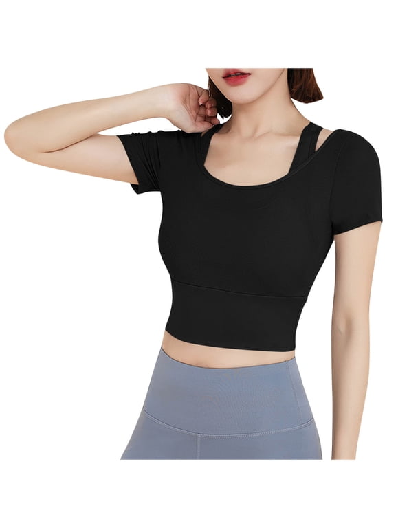 Spandex Workout Crop Tops for Women Summer Short Sleeve Racerback Mesh Breathable Fast Dry Athletic Tees (S, Black)