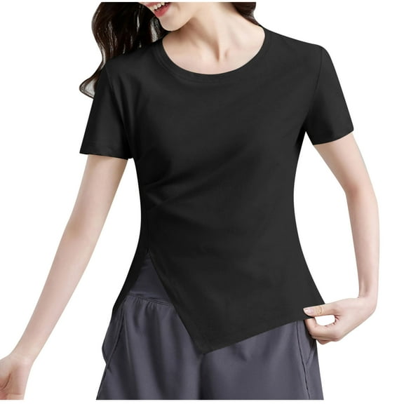 Spandex Workout Tops Womens Quick Dry Moisture Wicking T-Shirts Side Split Crew Neck Trendy Summer Tees (2XL, Black)
