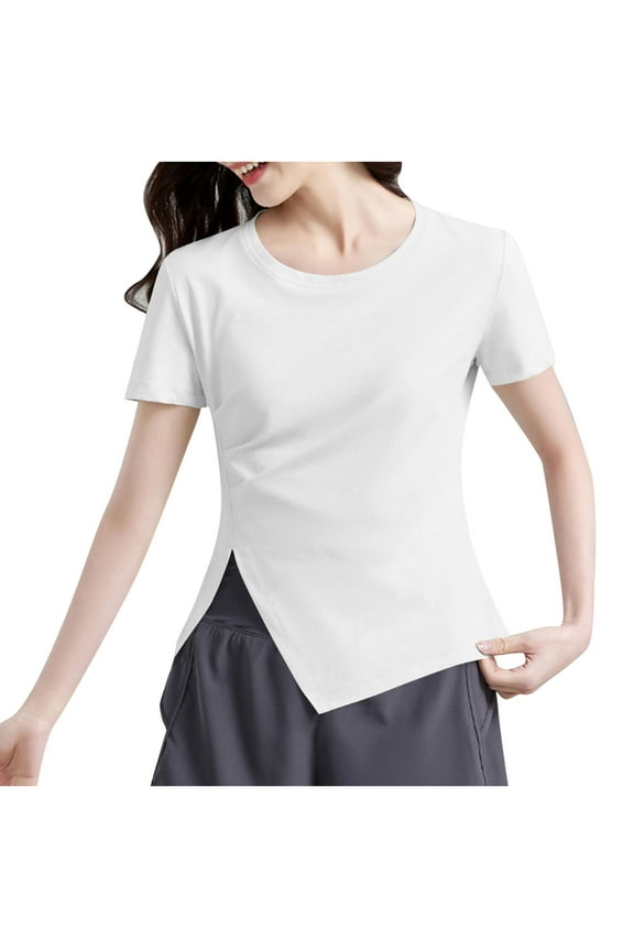 Spandex Workout Tops Womens Quick Dry Moisture Wicking T-Shirts Side Split Crew Neck Trendy Summer Tees (M, White)