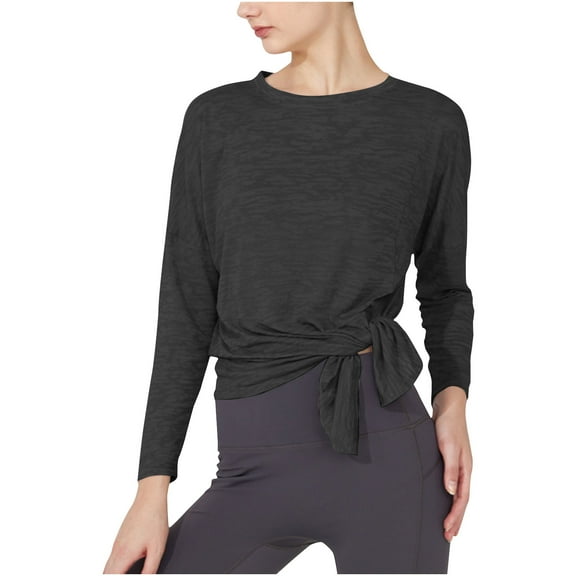 Spandex Workout Tops for Women Fashion Tie Front Crewneck Long Sleeve Gym Yoga Clothes Loose Fit Base Tees (S, Black)
